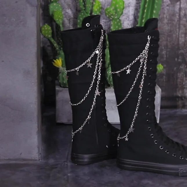 Women’s Knee-High Punk Knight Boots with Flat Sole - Metal Chain Detail - Cross-Tied Design