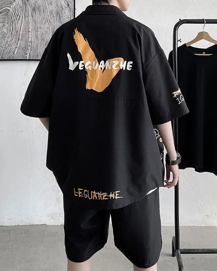 Men's Two-Piece Graffiti Print Loose Fit Button-Up Shirt & Shorts Set