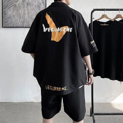 Men's Two-Piece Graffiti Print Loose Fit Button-Up Shirt & Shorts Set