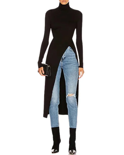 Women's Skinny Fit High-Neck Sweater Dress with Side Slits