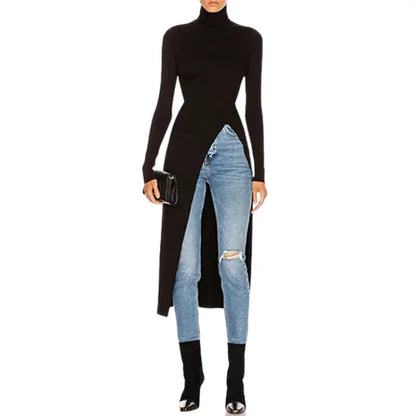Women's Skinny Fit High-Neck Sweater Dress with Side Slits