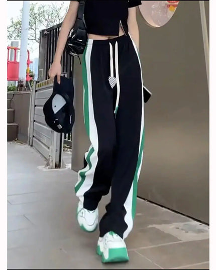 Women’s High Waist Elastic Sweatpants with Drawstring & Striped Design