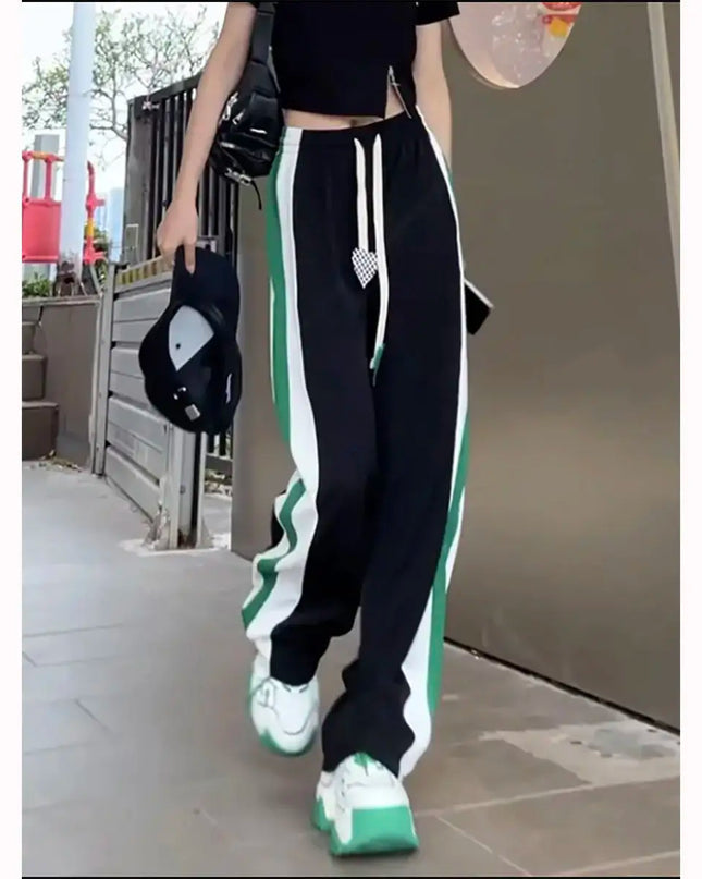 Women’s High Waist Elastic Sweatpants with Drawstring & Striped Design