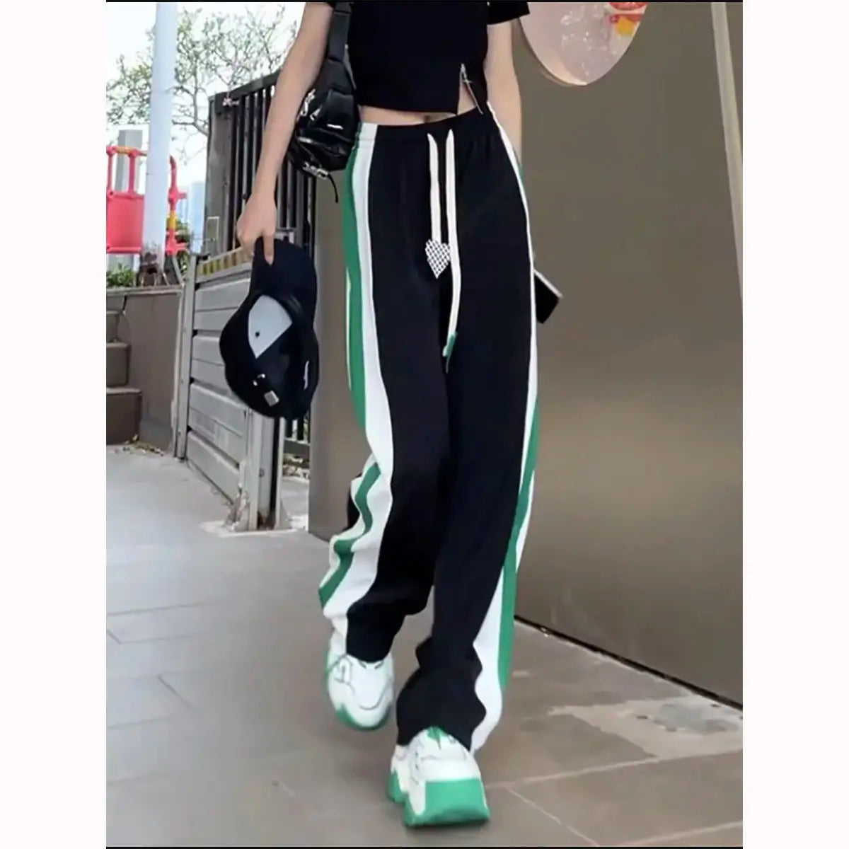 Women’s High Waist Elastic Sweatpants with Drawstring & Striped Design