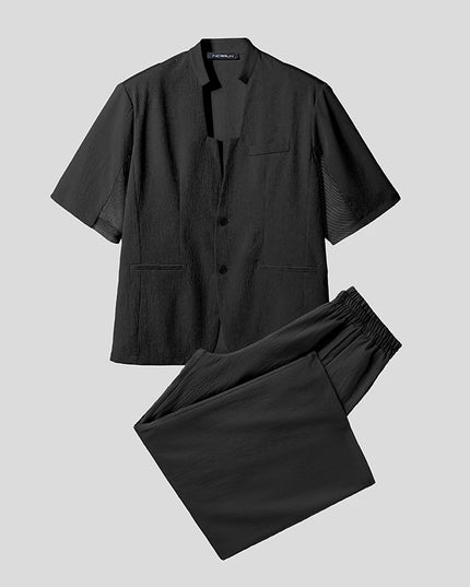 INCERUN Men's Two-Piece V-Neck Short Sleeve Blazer & Pants Set