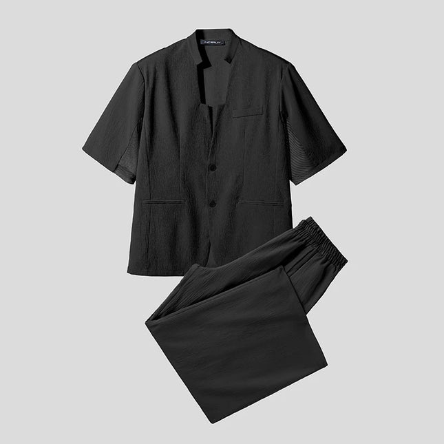INCERUN Men's Two-Piece V-Neck Short Sleeve Blazer & Pants Set