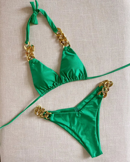 Women's Two-Piece Halter Bikini Set with Push-Up Triangle Top - Various Colors