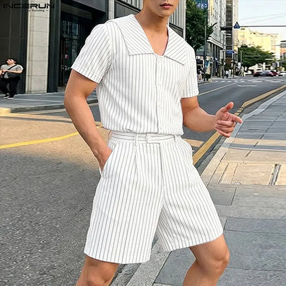 Incerun Men's Two-Piece Striped Short Sleeve Shirt and Shorts Set