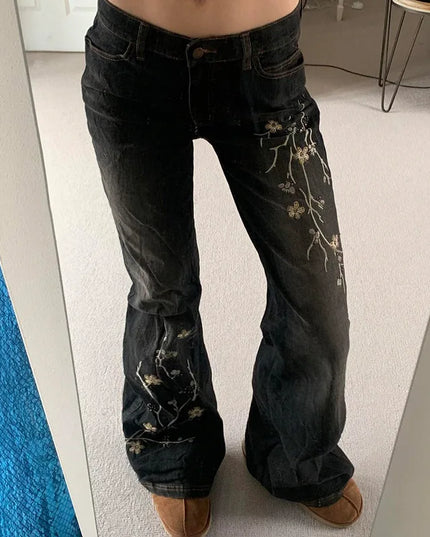 Women's Floral Embroidered Low Rise Flared Denim Jeans