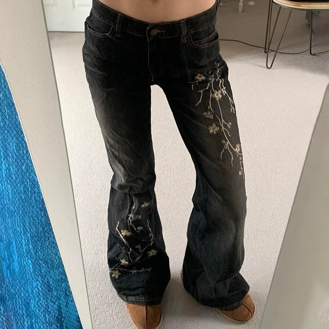 Women's Floral Embroidered Low Rise Flared Denim Jeans
