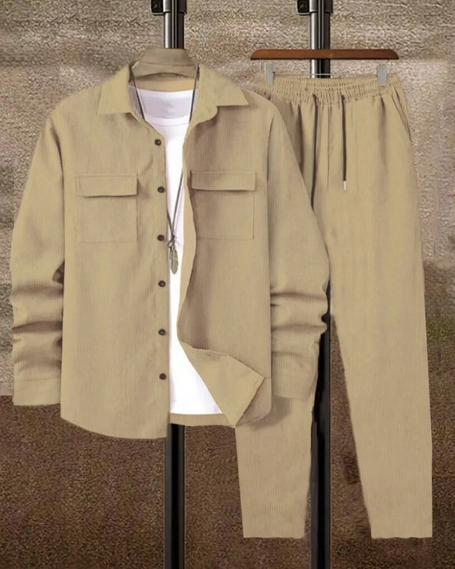 Men's Corduroy 2-Piece Shirt and Pants Set - Long Sleeve Button-Front Casual Outfit for Men