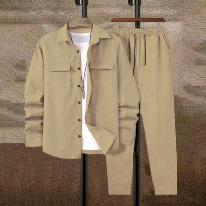 Men's Corduroy 2-Piece Shirt and Pants Set - Long Sleeve Button-Front Casual Outfit for Men