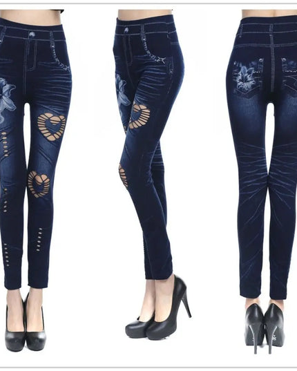 High-Waisted Women's Slim-Fit Faux Denim Pants with Heart and Flower Pattern