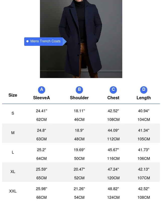 Men's Mid-Length Warm Wool Trench Coat – Stylish & Comfortable Outerwear for Men