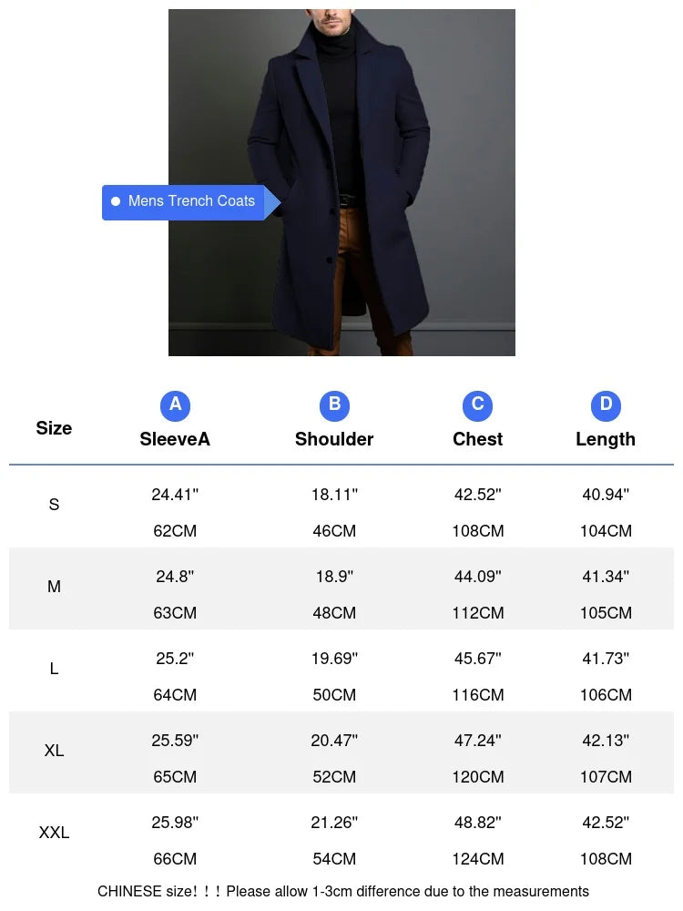 Men's Mid-Length Warm Wool Trench Coat – Stylish & Comfortable Outerwear for Men