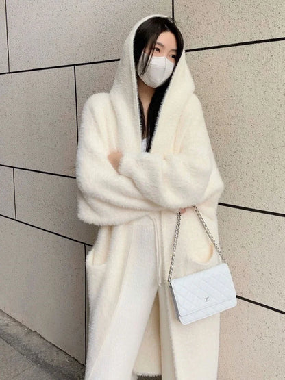 Women's Long Knitted Fluffy Cardigan with Long Sleeves
