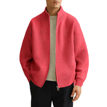 Men's Full Zip Cardigan Sweater with Mock Neck - Ribbed Knitted Men's Casual Sweater