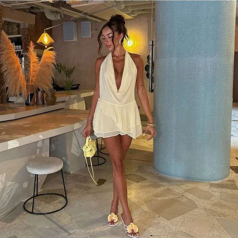 Ruffled Halter Backless Mini Dress for Women - Sleeveless Style