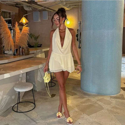 Ruffled Halter Backless Mini Dress for Women - Sleeveless Style