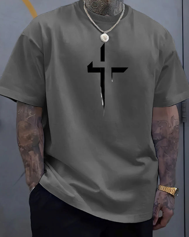 Men's 100% Cotton Casual Loose Fit Cross Print Round Neck T-Shirt