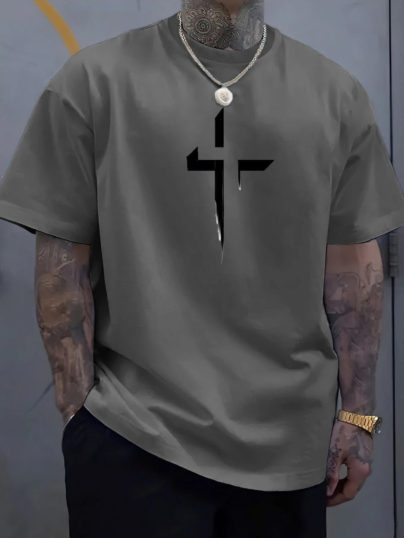 Men's 100% Cotton Casual Loose Fit Cross Print Round Neck T-Shirt