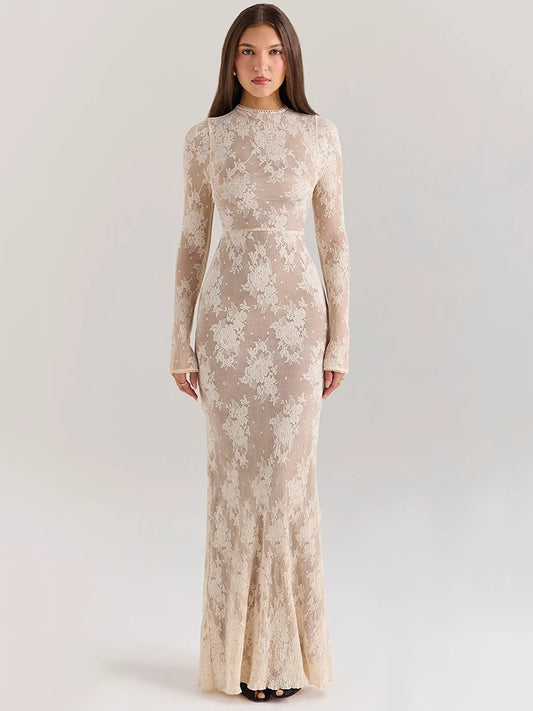 Women’s Lace Print Long Sleeve Maxi Dress with Sexy Zipper and Half High Collar