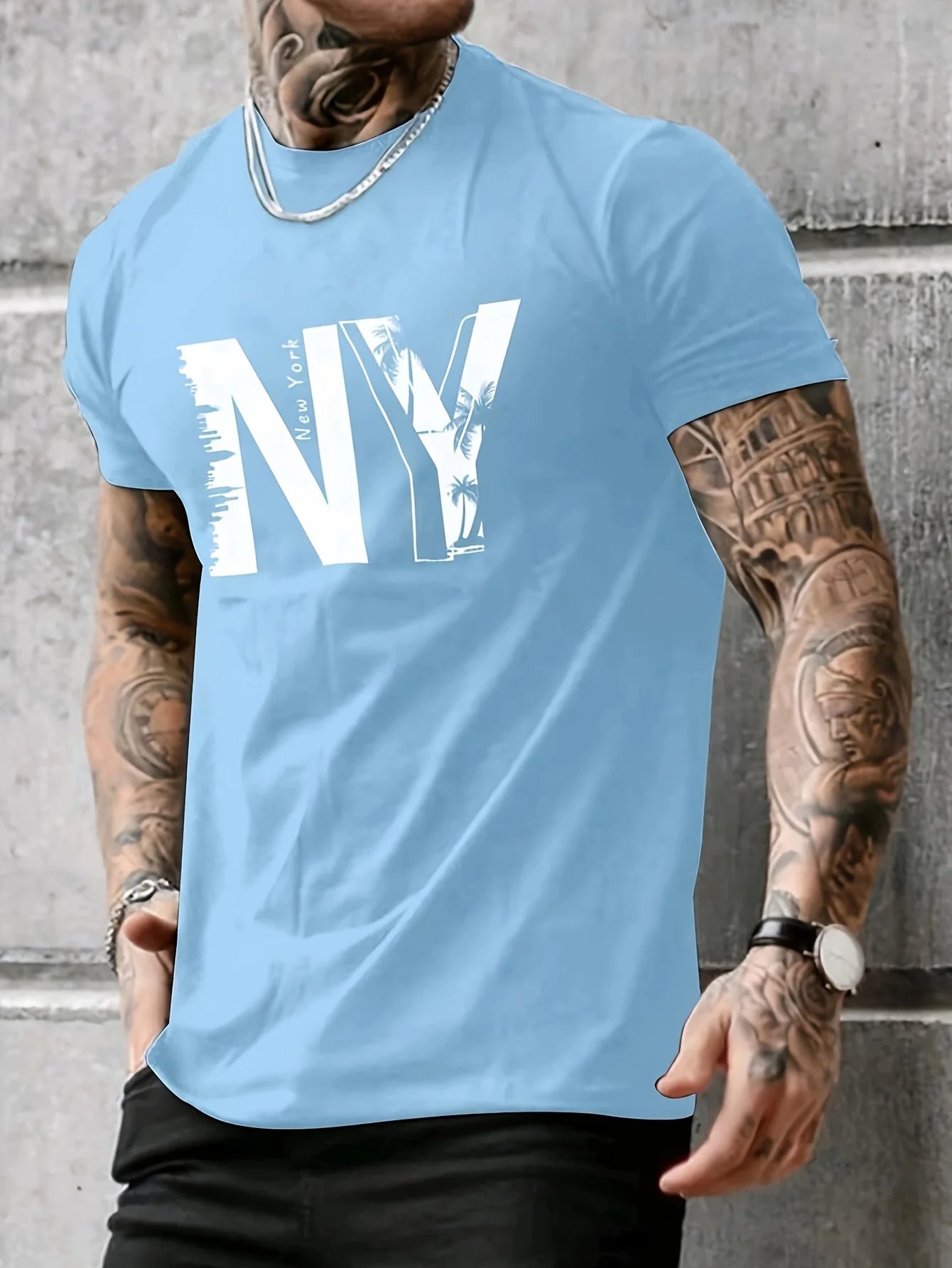Men's 100% Cotton Casual T-Shirt with NY Letter Print