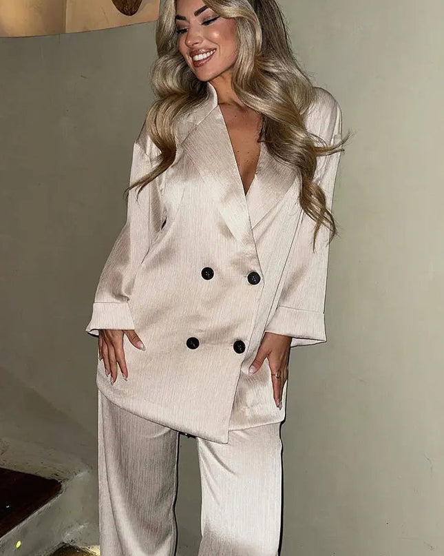 Women's 2-Piece Long Sleeve Double-Breasted Blazer + Wide Leg Trousers Set
