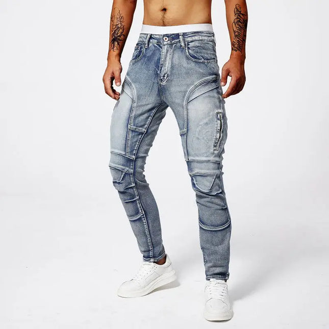 Men's Zipper Pleated Retro Denim Pants