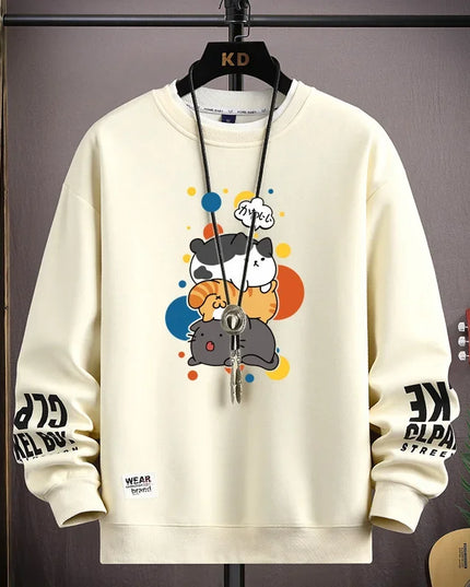 Men's Sweater with Japanese Cartoon Cat Print - Various Colors