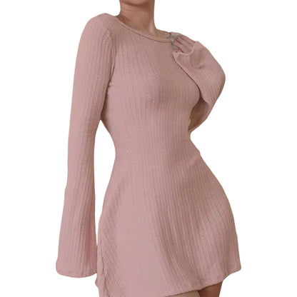 Women’s Long Sleeve Mini Dress with Crew Neck and Backless Design