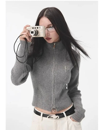 Women's Vintage Zipper Cardigan - Cropped Knit Sweater for Women