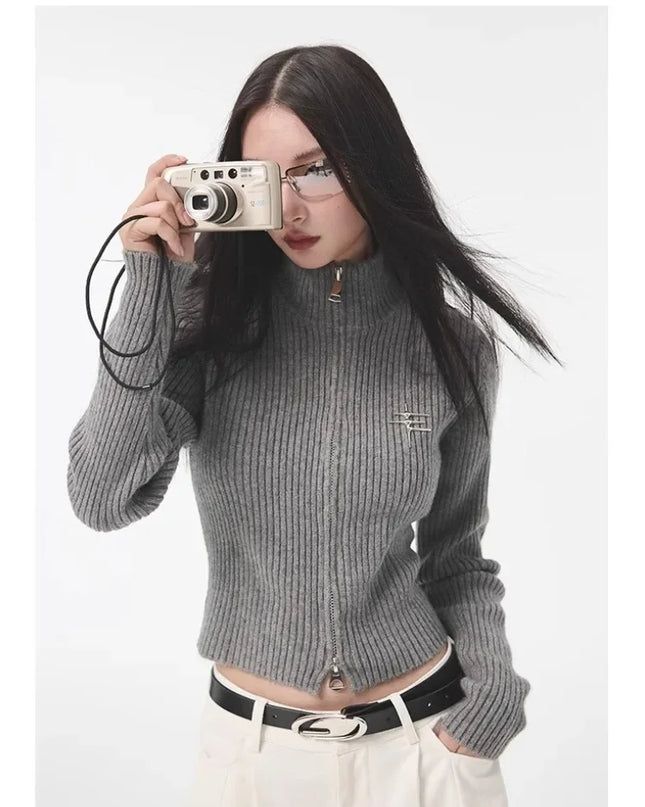 Women's Vintage Zipper Cardigan - Cropped Knit Sweater for Women