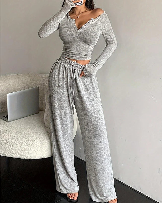 Women's Crop Top and Drawstring Pants Set - Two Piece Outfit