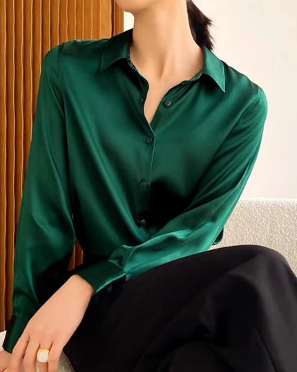 Elegant Satin Women's Blouse with Long Sleeves and Turn-down Collar