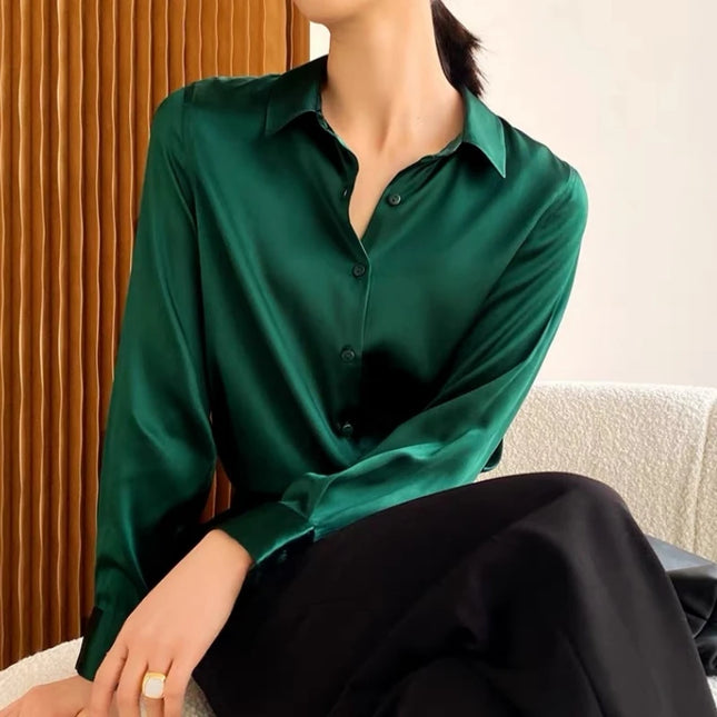 Elegant Satin Women's Blouse with Long Sleeves and Turn-down Collar