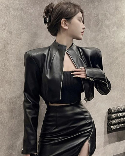 Women's Cropped PU Jacket with Zip - Stylish Leather Look Outerwear for Women