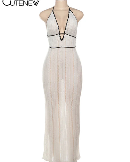Elegant Knit Halter Maxi Dress for Women - Backless & Deep V-Neck Slim Fit