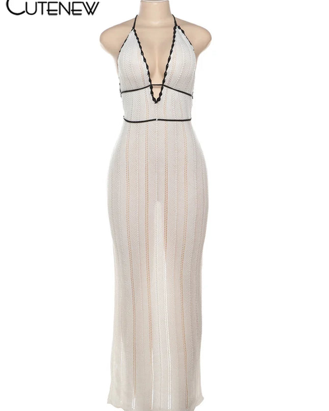 Elegant Knit Halter Maxi Dress for Women - Backless & Deep V-Neck Slim Fit