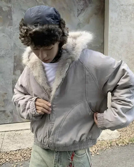 Unisex Wool-Blend Hooded Cotton Jacket with Plush Collar, Thick and Oversized