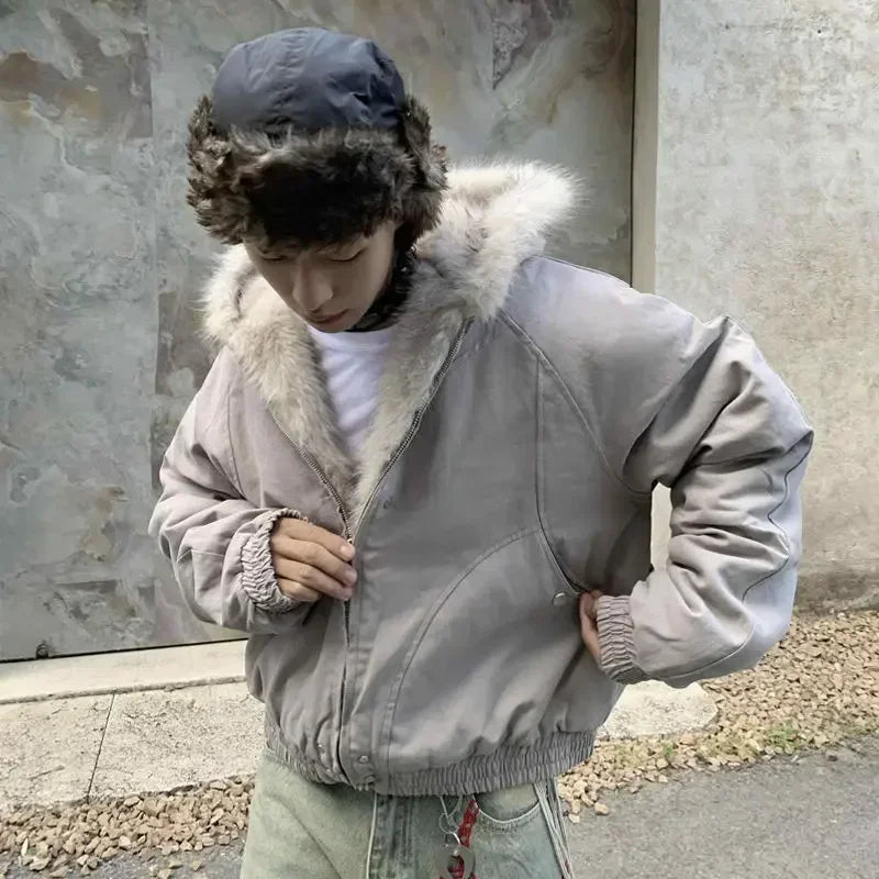 Unisex Wool-Blend Hooded Cotton Jacket with Plush Collar, Thick and Oversized