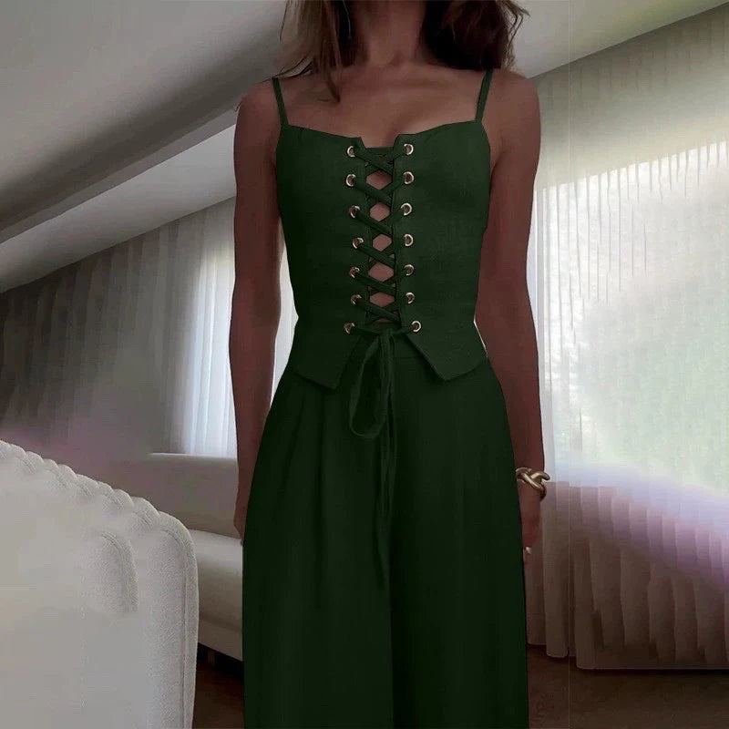 Women's Two-Piece Slim Fit Chic Sleeveless Bandage Tank Top & Wide-Leg Pants Se