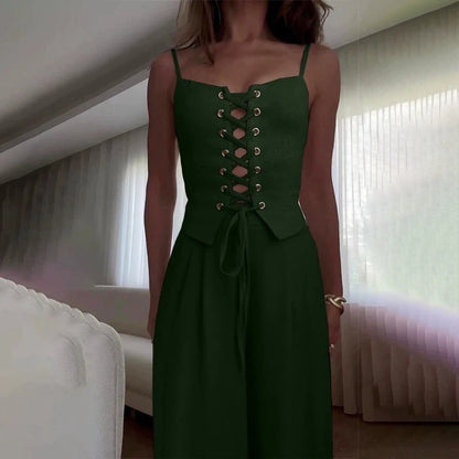 Women's Two-Piece Slim Fit Chic Sleeveless Bandage Tank Top & Wide-Leg Pants Se