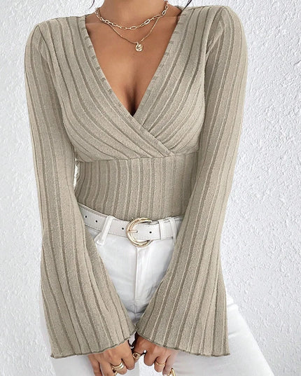 Women's V-Neck Long-Sleeve Slim Fit Striped Knitted Sweater