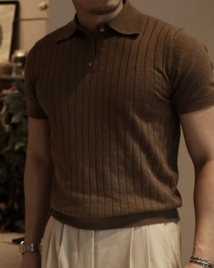 Men's Solid Zipper Knitted Polo Shirt with Lapel