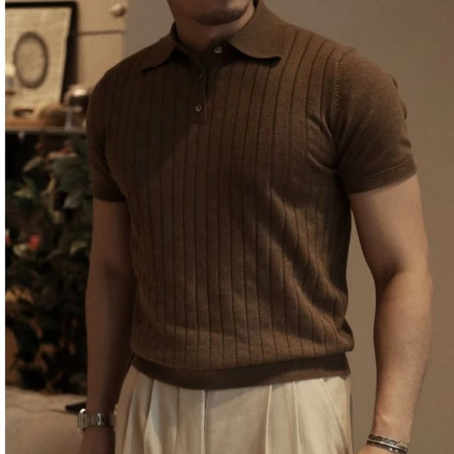 Men's Solid Zipper Knitted Polo Shirt with Lapel