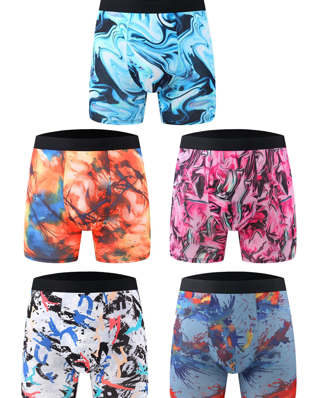 5-Pack Men's Long Boxer Shorts - Assorted Graffiti Pattern, Mid-Waist, High Elasticity
