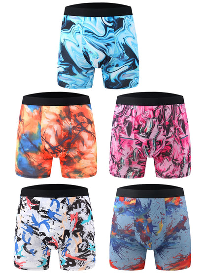 5-Pack Men's Long Boxer Shorts - Assorted Graffiti Pattern, Mid-Waist, High Elasticity