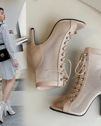 Womens Lace-up Hollow Mesh Heels