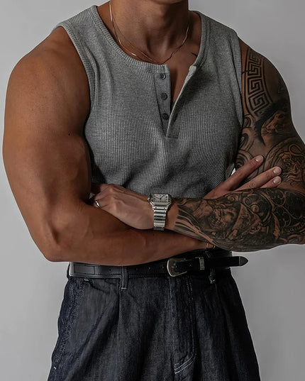 Henley Neck Buttoned Men’s Slim Fit Stretch Ribbed Tank Top